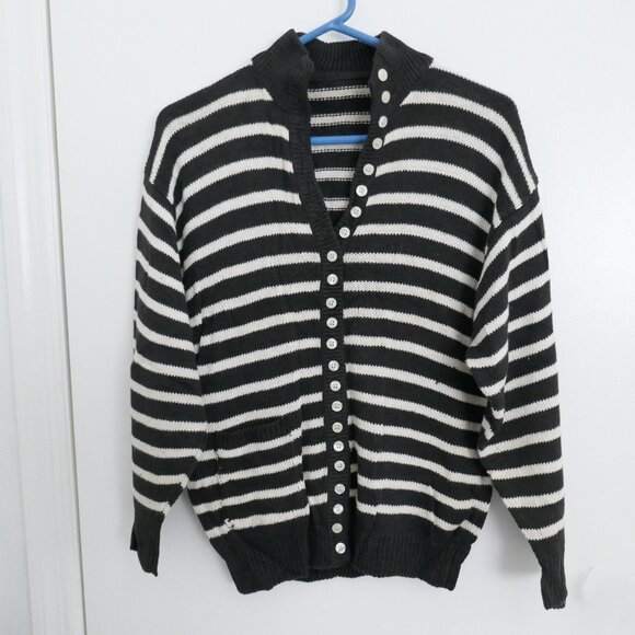 vintage 80s charcoal gray white stripe mock neck drop shoulder cardigan sweater - Picture 1 of 5